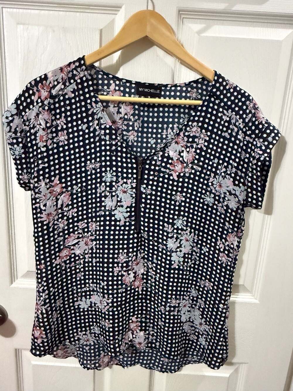 My Michelle Blouse Size M Navy Blue Polka Dot Floral Half Zip Short Sleeve